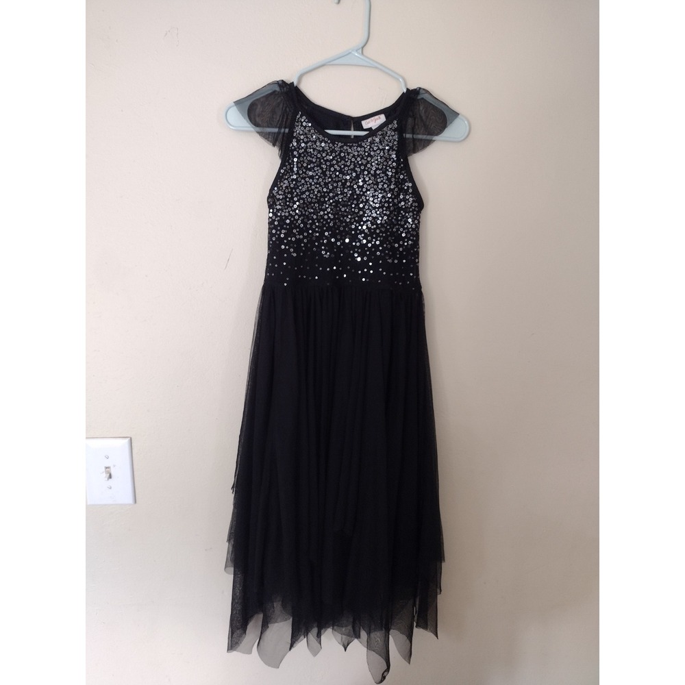 Cat & Jack Girls Black Sequin Tulle Dress Size M‎ 7/8 Flutter Sleeve Holiday